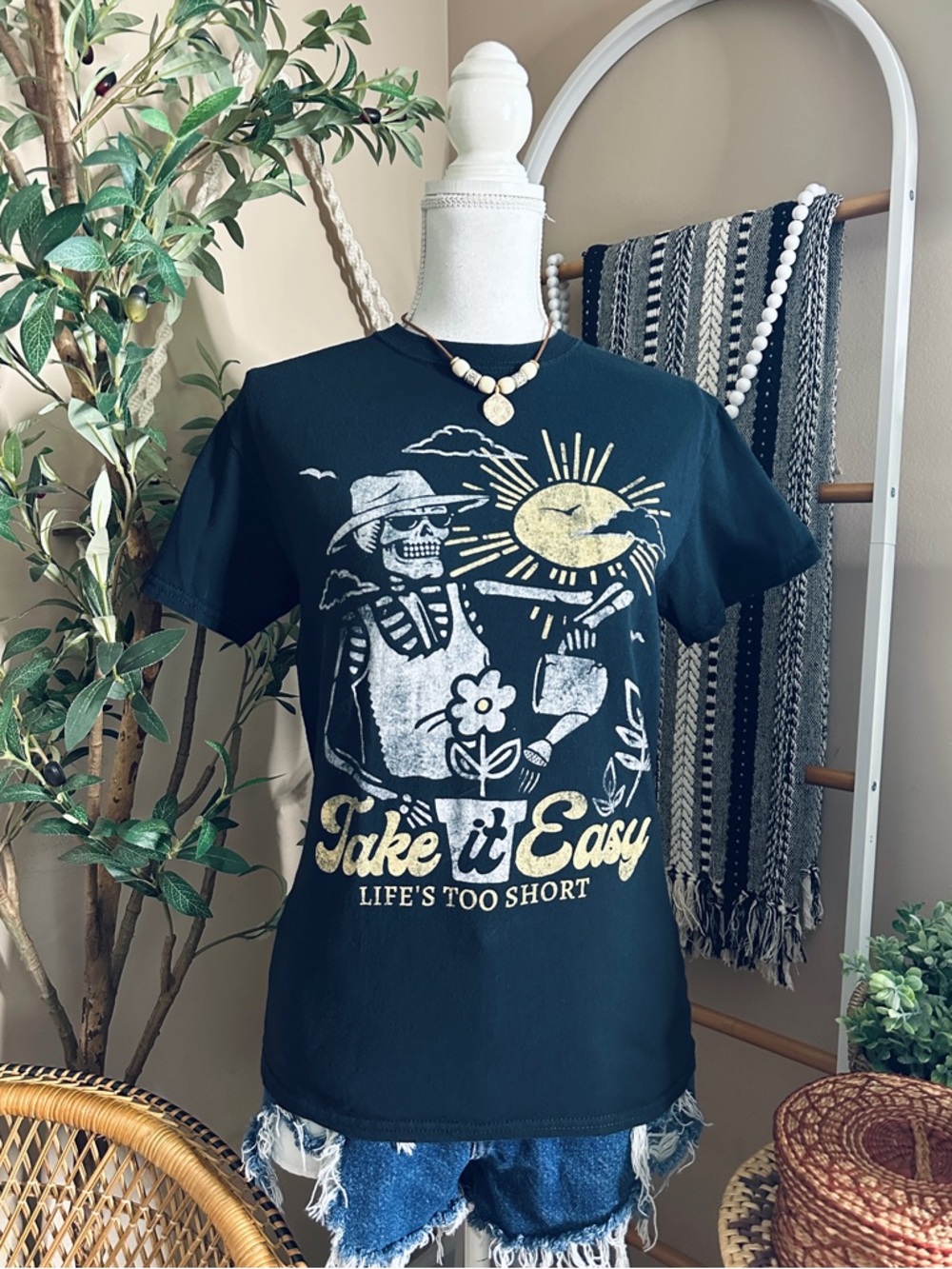 Boho Skeleton Graphic Tee “Take It Easy” Black Short Sleeve Casual T-Shirt